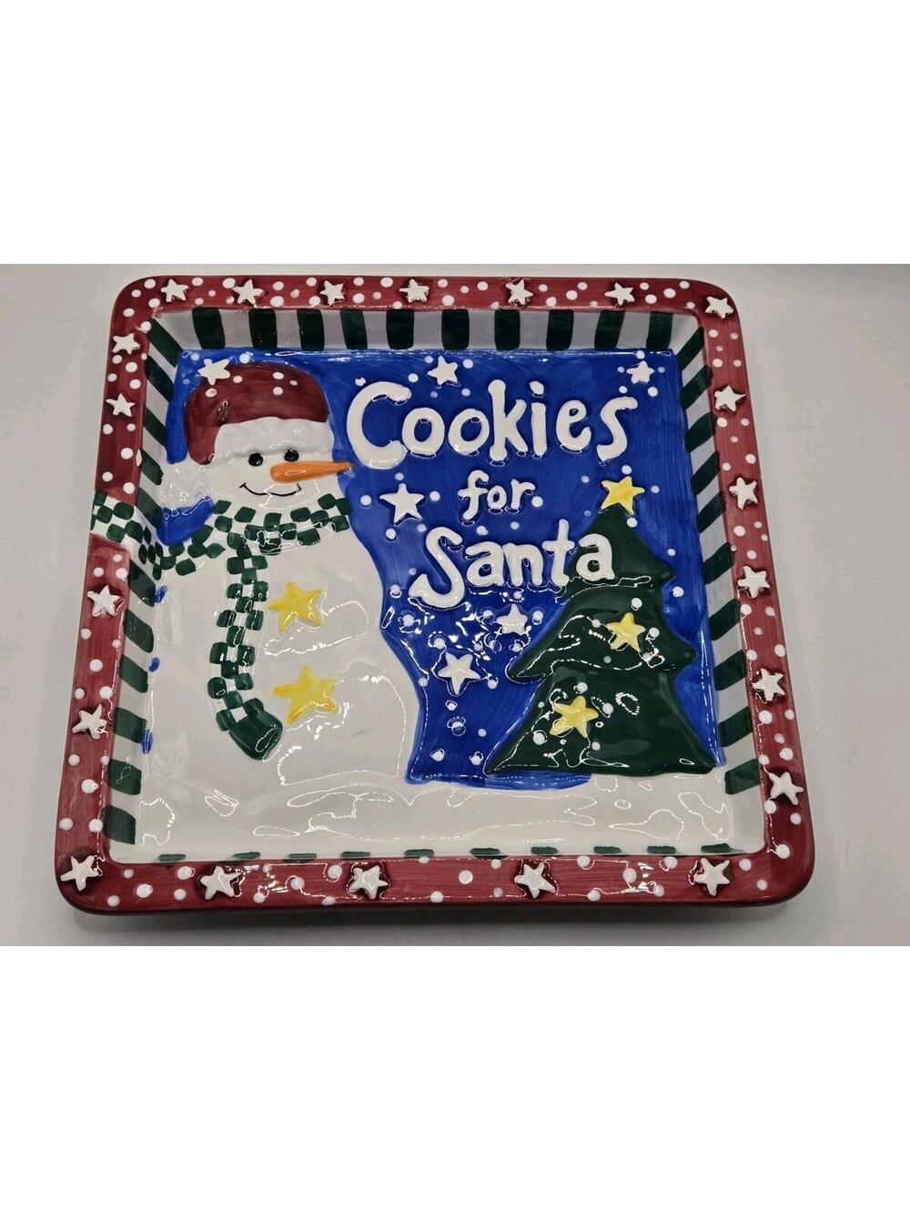 Christmas Cookies For Santa Plate Ceramic Square Snowman Tree Red Blue Holiday
